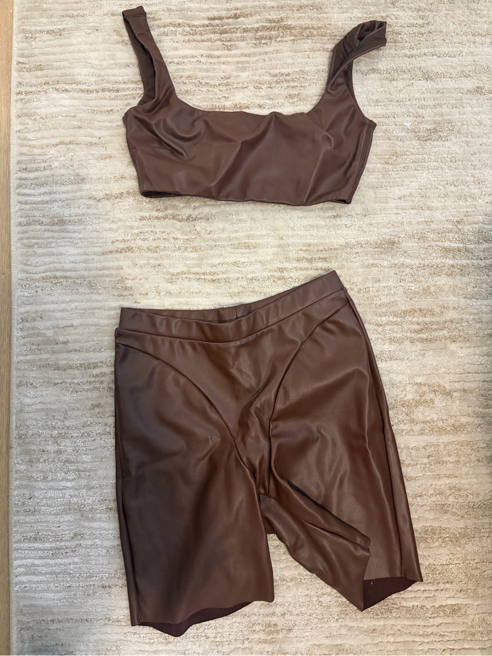 SKIMS Brown Faux Leather Crop Top & High-Waist Biker Shorts
